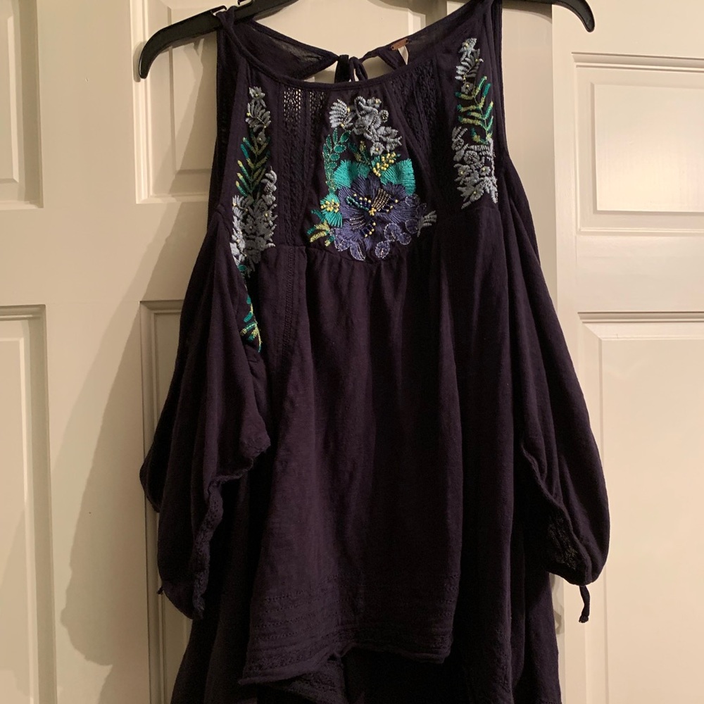 Free People Navy Fast Times Cold Shoulder Top